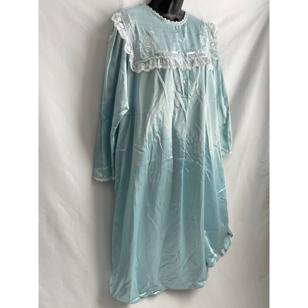 Vintage Erika Taylor Baby Blue Satin Grannycore Chemise Nightgown Lace Trim Sz S - Picture 3 of 11
